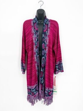 NWT Ruby Rd. Longline Fringe Cardigan Sweater Fuchsia Multi Floral Duster Large